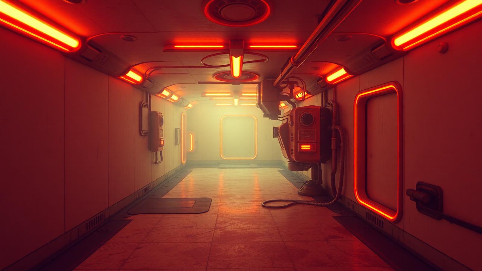 Dystopian orange neon interior with mechanical aesthetic
