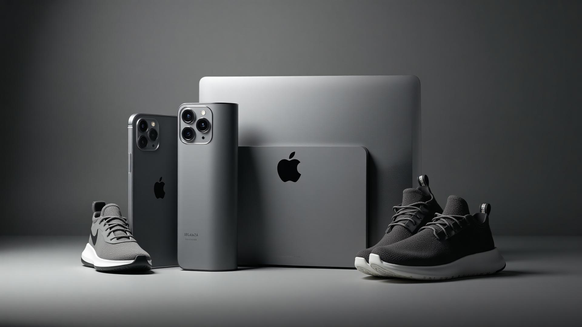 Apple Space Gray products, Tesla, and Nike shoes in premium gray