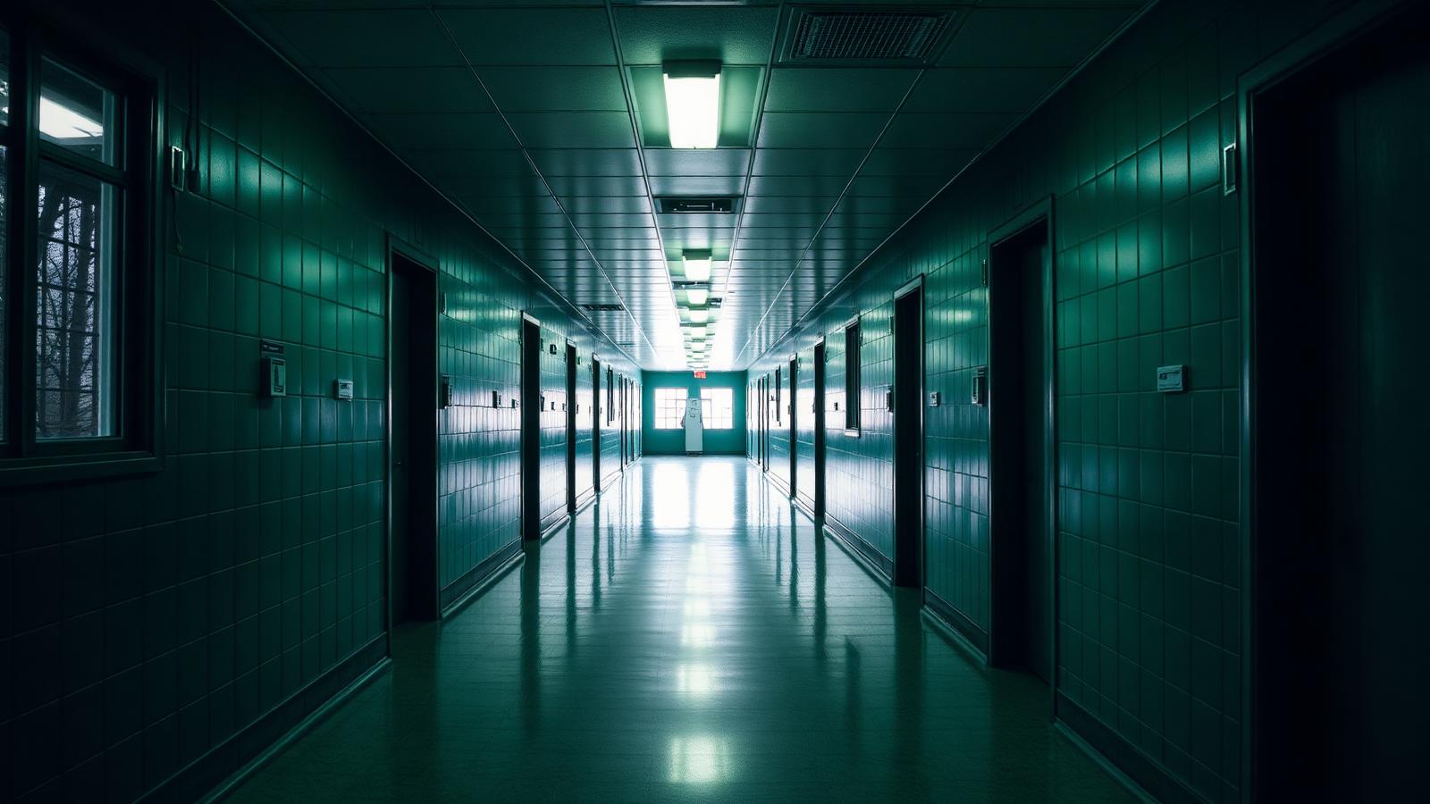 Institutional green corridor with death row atmosphere