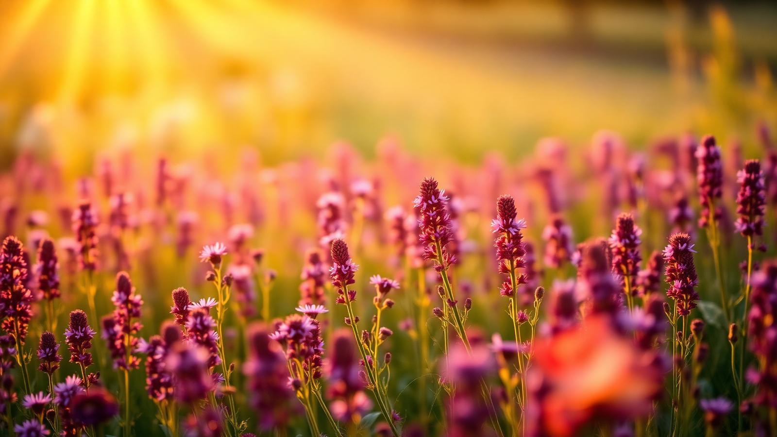 Field of wild purple flowers in golden sunlight